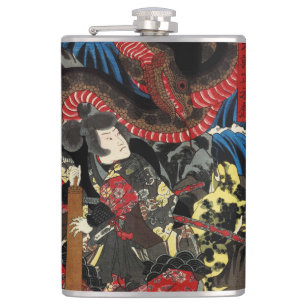 Japanese warrior fighting giant snake hip flask