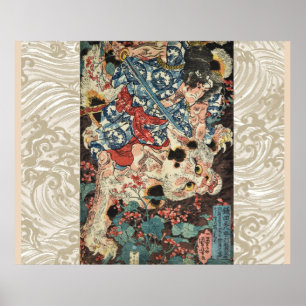 JAPANESE WARRIOR KILLING A MONSTROUS CAT Ukiyoe Poster