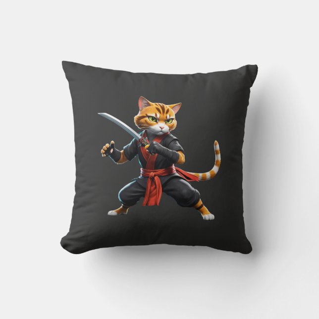 Japanese Warrior Ninja Cat T-Shirt  Cushion (Front)