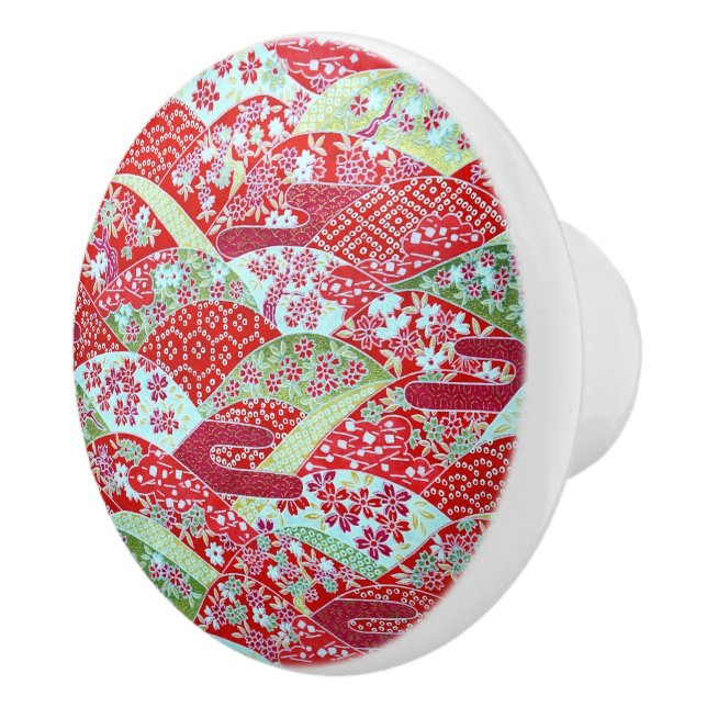 Japanese Washi Art Red Floral Origami Yuzen Knob (Right)