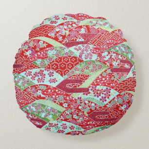 Japanese Washi Art Red Floral Origami Yuzen Round Round Cushion