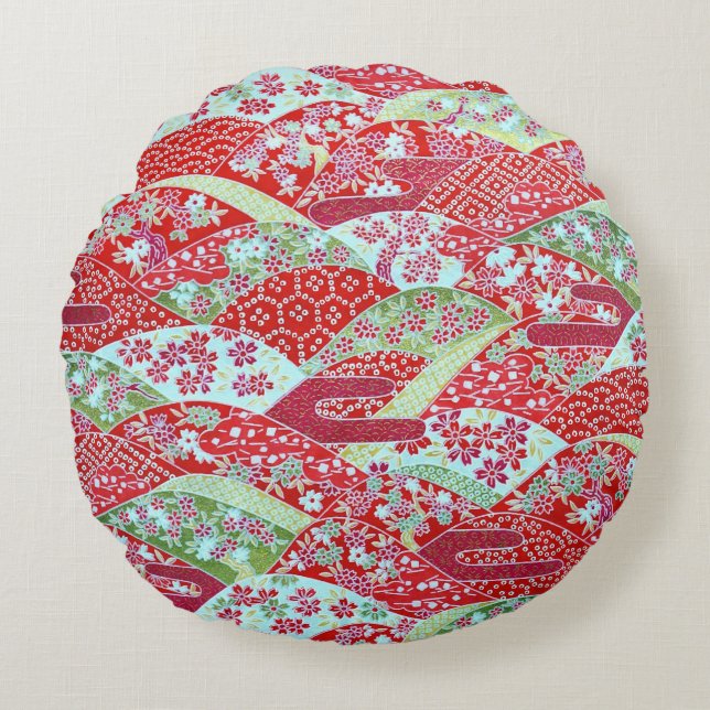 Japanese Washi Art Red Floral Origami Yuzen Round Round Cushion (Front)