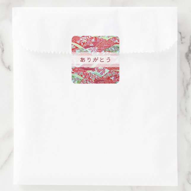Japanese Washi Art Red Floral “Thank You” Square Square Sticker (Bag)