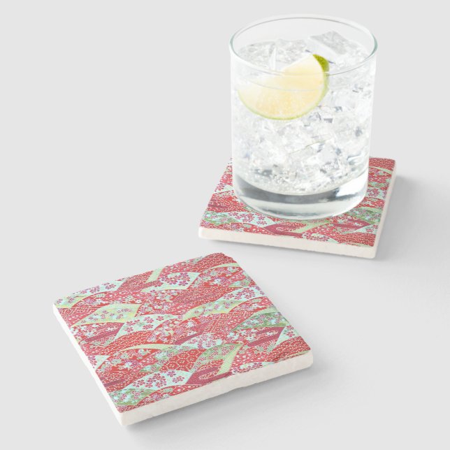 Japanese Washi Art Red Floral Yuzen Stone Coaster (Side)
