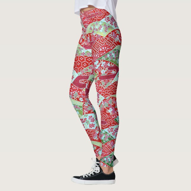 Japanese Washi Red Floral Origami Yuzen Leggings (Left)