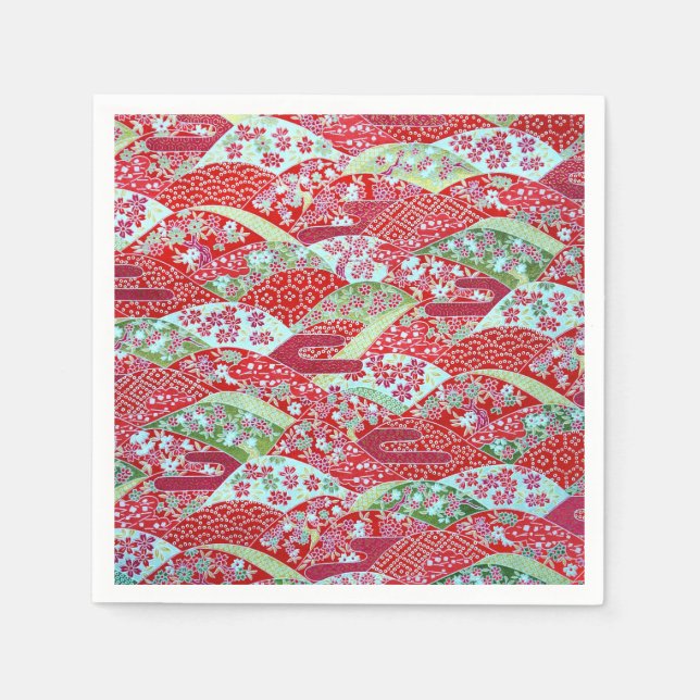 Japanese Washi Red Floral Origami Yuzen Napkins (Front)