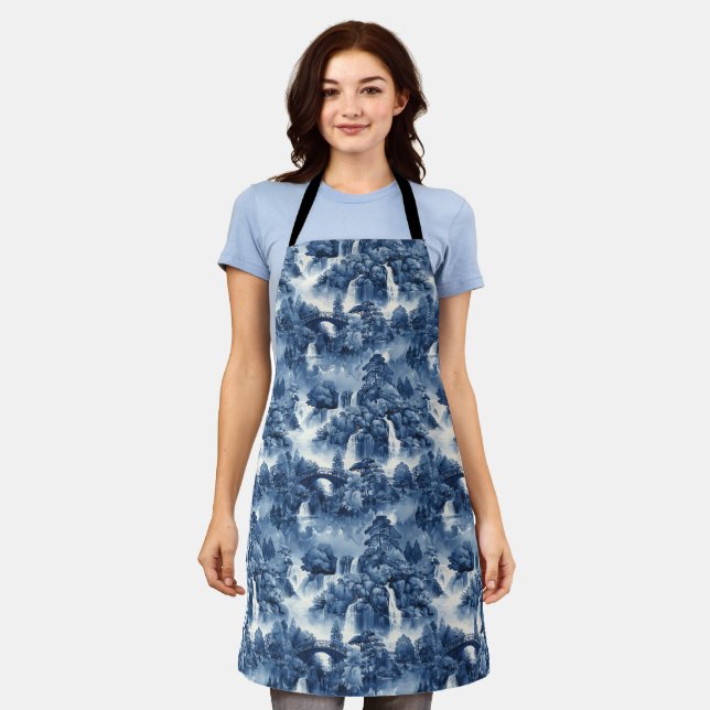 Japanese water garden in a blue white porcelain apron (Worn)