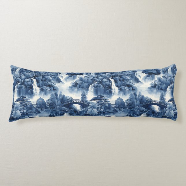Japanese water garden in a blue white porcelain body cushion (Front)
