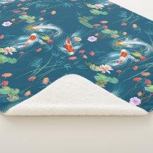 Japanese Water Garden Teal Sherpa Blanket