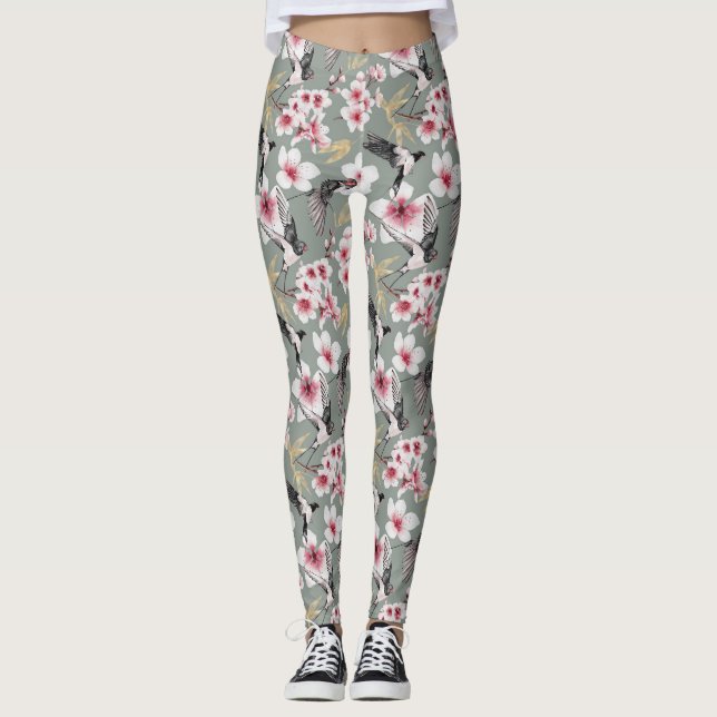 Japanese Watercolor Art Sakura Blossom Swallow  Leggings (Front)