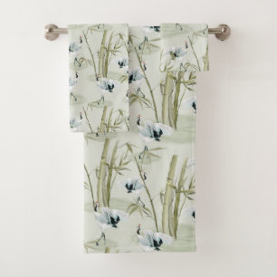 Japanese Watercolor Asian Art Bamboo Bird Pattern Bath Towel Set