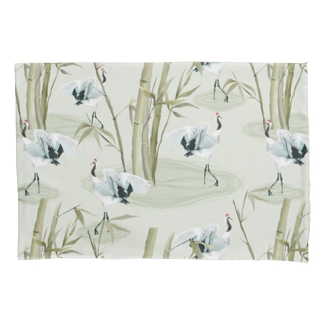 Japanese Watercolor Asian Art Bamboo Bird Pattern  Pillowcase (Front)