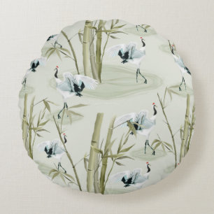Japanese Watercolor Asian Art Bamboo Bird Pattern  Round Cushion