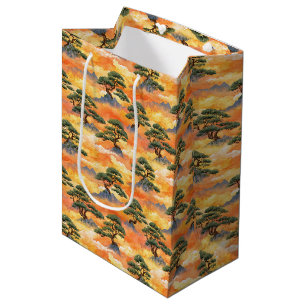 Japanese Watercolor Bonsai Pines in Golden Clouds Medium Gift Bag