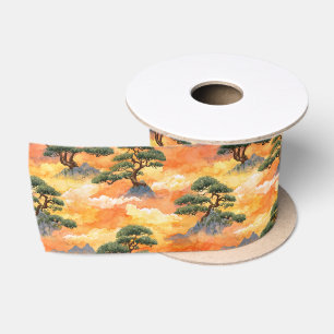Japanese Watercolor Bonsai Pines in Golden Clouds Satin Ribbon