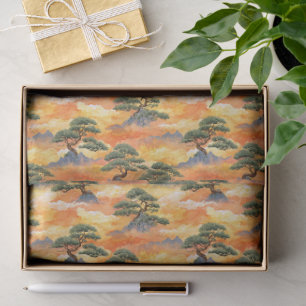 Japanese Watercolor Bonsai Pines in Golden Clouds Tissue Paper