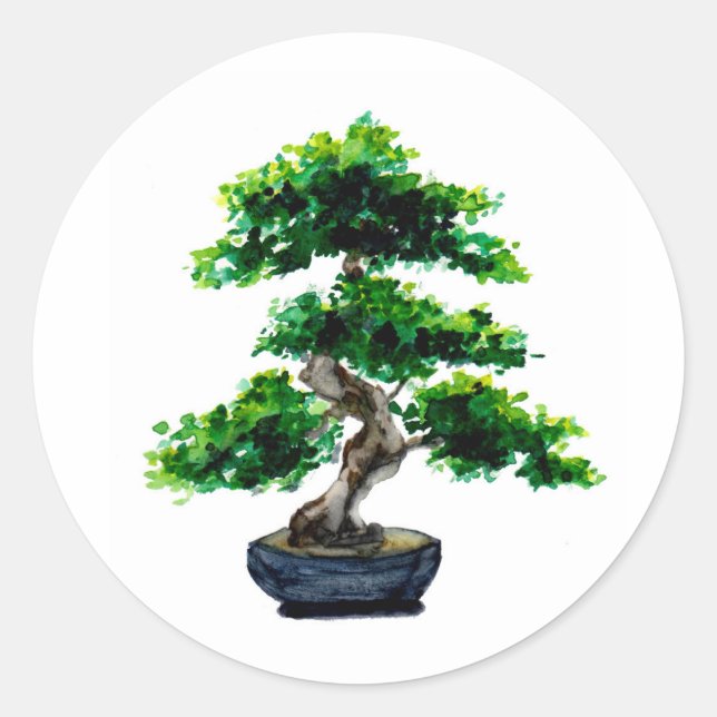 Japanese Watercolor Bonsai Tree Classic Round Sticker (Front)