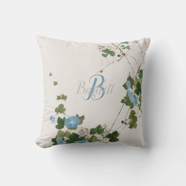 Japanese Watercolor Botanical Blue Flower Cushion (Front)
