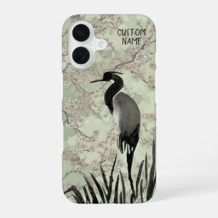 Japanese Watercolor Cherry Blossom Crane Bird iPhone 16 Case
