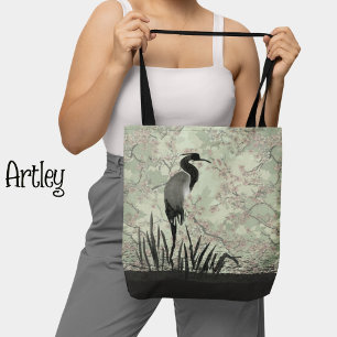 Japanese watercolor cherry blossom crane tote bag