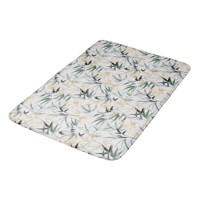 Japanese Watercolor Gold Green Bamboo Pattern Bath Mat (Angled)