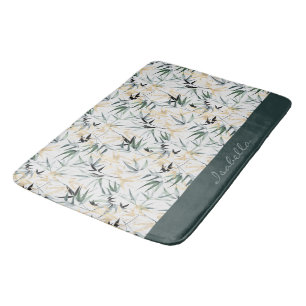 Japanese Watercolor Gold Green Bamboo Pattern Bath Mat
