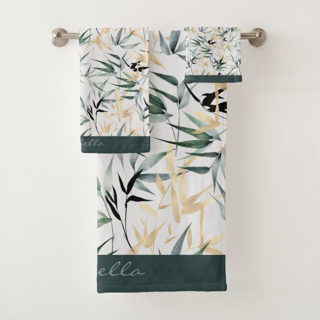 Japanese Watercolor Gold Green Bamboo Pattern Bath Towel Set (Insitu)