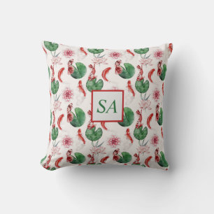 Japanese Watercolor Koi Fish Lotus Cushion