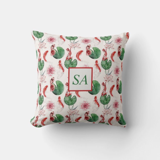 Japanese Watercolor Koi Fish Lotus  Cushion (Front)