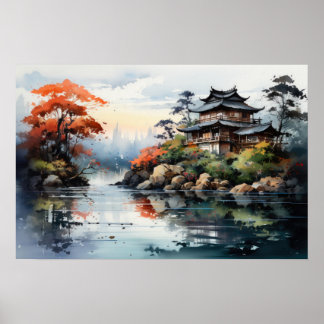 Japanese Watercolor Landscape Autumn Lake Poster