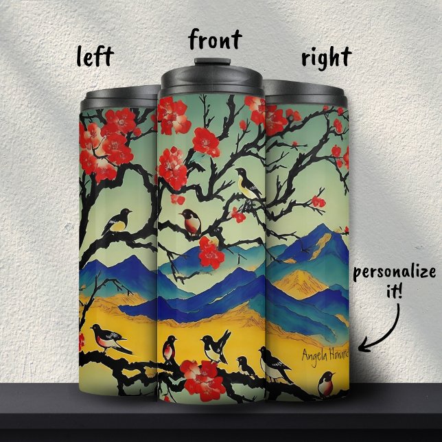 Japanese Watercolor Nature Scene Birds Custom Name Thermal Tumbler (Creator Uploaded)