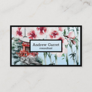 Japanese Watercolor Sakura Blue Business Card