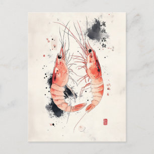 Japanese Watercolor Shrimp Art with Calligraphy Postcard