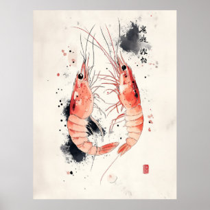 Japanese Watercolor Shrimp Art with Calligraphy Poster