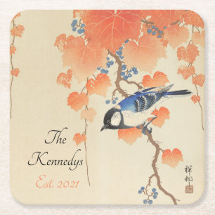 Japanese Watercolor Vintage Print With Bird Square Paper Coaster