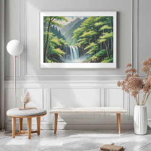 Japanese Waterfall in Nature—Serene Oil Painting  Poster