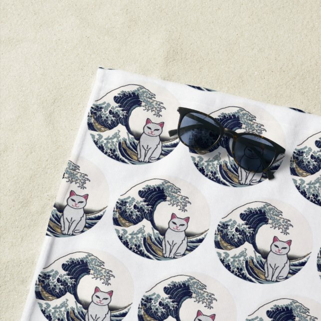 Japanese Wave Art Cat Embroidered Custom Design Beach Towel (In Situ)