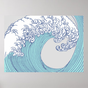 Japanese Wave Art Ocean Print Blue Beach