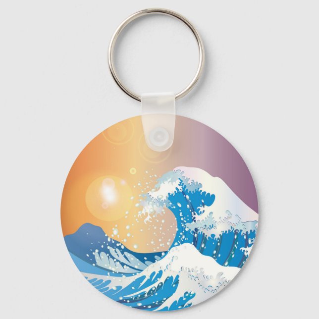 Japanese Wave Art Sunset Ocean Key Ring (Front)