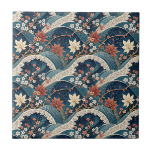 Japanese Wave & Cherry Blossom Floral Pattern Art Ceramic Tile