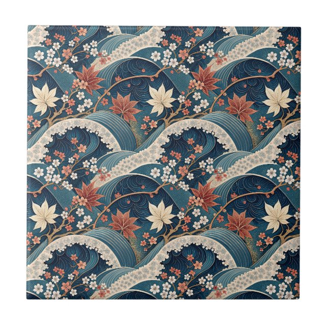 Japanese Wave & Cherry Blossom Floral Pattern Art Ceramic Tile (Front)