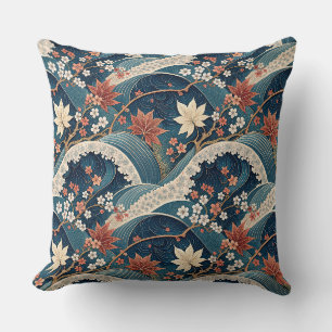 Japanese Wave & Cherry Blossom Floral Pattern Art Cushion