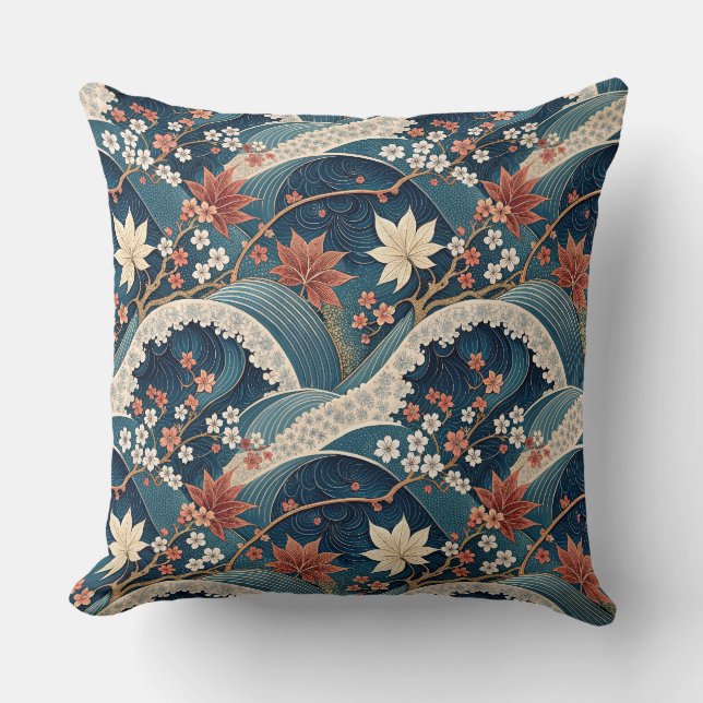 Japanese Wave & Cherry Blossom Floral Pattern Art Cushion (Front)