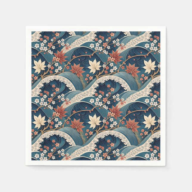 Japanese Wave & Cherry Blossom Floral Pattern Art Napkin (Front)