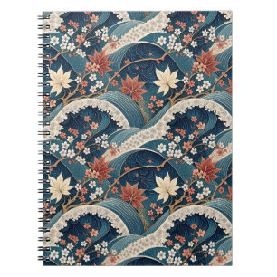 Japanese Wave & Cherry Blossom Floral Pattern Art Notebook