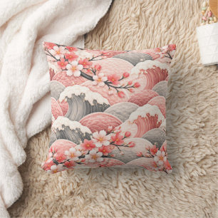 Japanese Wave Cherry Blossom Pattern Pink Coral Cushion