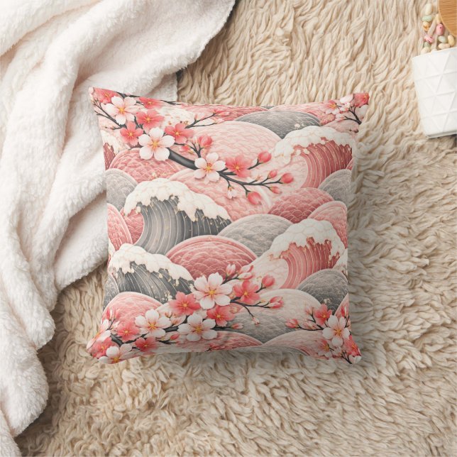Japanese Wave Cherry Blossom Pattern Pink Coral  Cushion (Blanket)