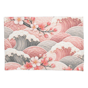 Japanese Wave Cherry Blossom Pattern Pink Coral Pillowcase