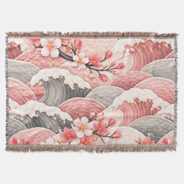 Japanese Wave Cherry Blossom Pattern Pink Coral  Throw Blanket (Front)