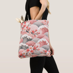Japanese Wave Cherry Blossom Pattern Pink Coral Tote Bag